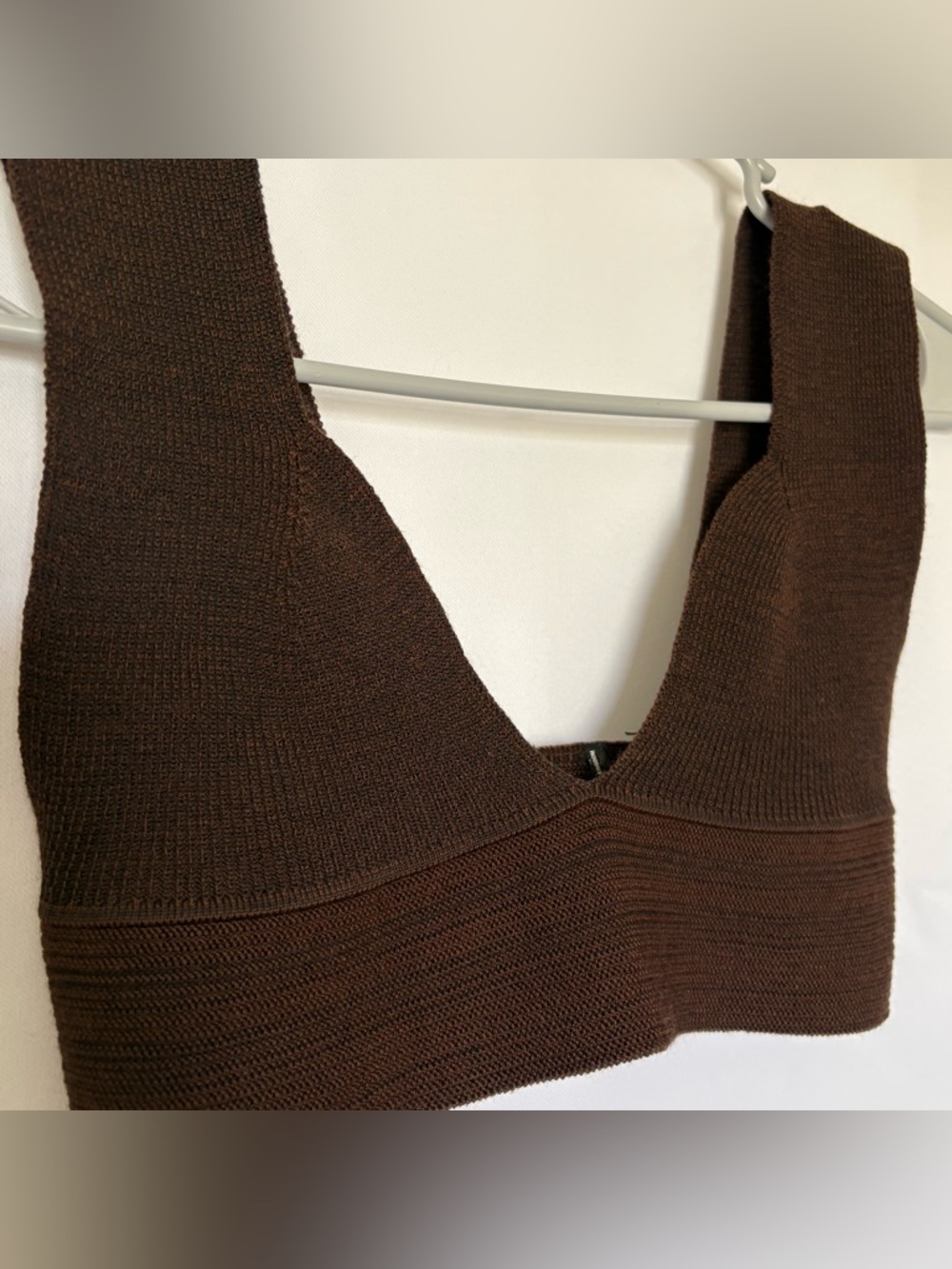 Brown Knit Cropped V Neck Top